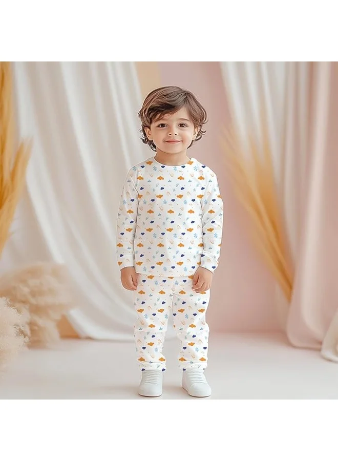 LUAY White Luay® 100% Cotton Cloud Printed Co-ord Set | Ultra-Soft Stylish & Classy Oufits | Full-Sleeve T-Shirt & Comfy Pants - White for Men | Best Price UAE